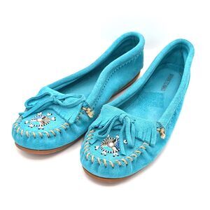 Minnetonka Me To We Beaded Moccasins 401J Turquoise Flats Shoes Women's Size 10